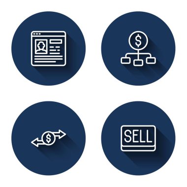 Hiyerarşiyi dolarla değiştir, para değiş tokuşu yap ve uzun gölgeli sat. Mavi daire düğmesi. Vektör