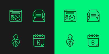 Çizgi Çizelgesi Takvimi, İş Yatırımcısı, Pasta grafiği bilgileri ve Zarf simgesi. Vektör