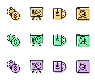 Bir bardak çay, dolar sembollü Gear, tahta grafiği ve telefon desteği ikonu. Vektör