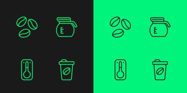 Kahve fincanı, termometre, fasulye ve demlik ikonu hazır olsun. Vektör