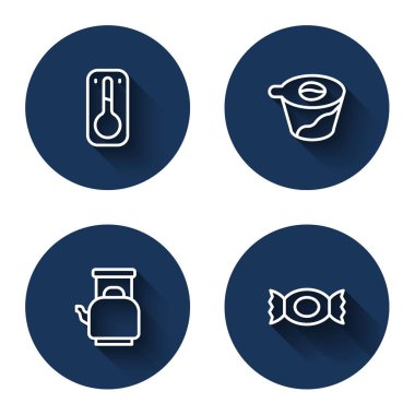 Hattı ayarla, kahve termometresi, kahve makinesinin üzerine dök, saplı kettle ve uzun gölgeli Candy. Mavi daire düğmesi. Vektör