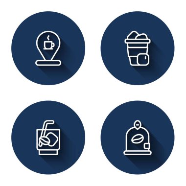 Kahve fincanı, buzlu, Espresso tonik ve uzun gölgeli poşet fasulyeli bir sıra oluştur. Mavi daire düğmesi. Vektör