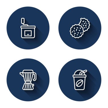 El yapımı kahve öğütücü, kurabiye ya da bisküvi kahve makinası ve uzun gölgeli buzlu kahve makinesi. Mavi daire düğmesi. Vektör