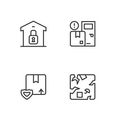 Kırık karton kutu, kalkanlı teslimat güvenliği, kapalı depo ve eve servis ikonu. Vektör