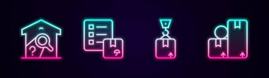 Depo kontrolü, teslimat listesinin onayı, karton kutulu Crane ve karton kutulu. Parlayan neon ikonu. Vektör