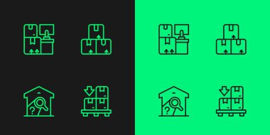 Karton kutuları palete, depo kontrolüne ve karton karton simgeye yerleştir. Vektör