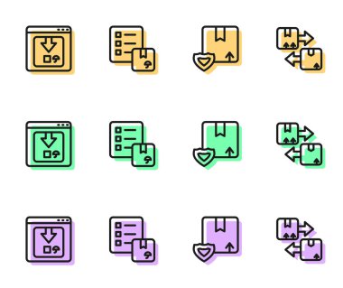 Satır teslimat güvenliğini kalkan, çevrimiçi uygulama teslimat takibi, listenin doğrulanması ve karton kutu trafik simgesi ikonu ile ayarla. Vektör