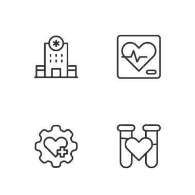 Test tüpünü kanla, kalp çaprazıyla hastane binasıyla ve oran ikonuyla ayarla. Vektör