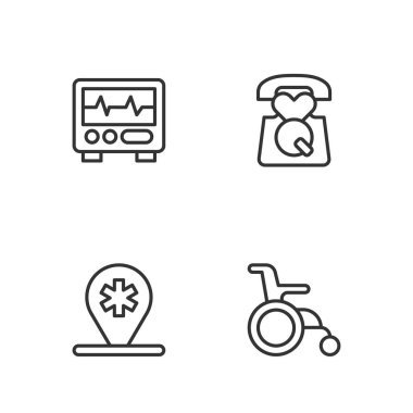 Tekerlekli sandalyeyi engelli kişi, konum hastanesi, kardiyogram ve acil durum ikonu için ayarla. Vektör