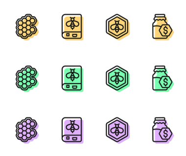 Bee ve Bal peteği, Bal peteği, Arı ve Satış Kitabı 'nı ikon kavanozuna koyun. Vektör