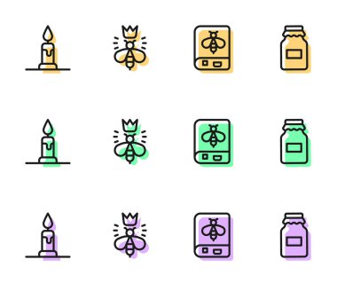 Kitap, arı, yanan mum, bal ikonu kraliçesi ve kavanozu hakkında olsun. Vektör