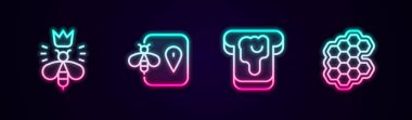 Hattı Kraliçe Arı, Arı konumu, Ballı Ekmek ve Bal Tarağı. Parlayan neon ikonu. Vektör