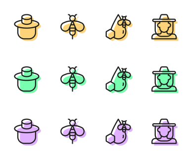 Sırayı Bee ve Bal peteği, koruma şapkası ve ikonu olan arıcı olarak ayarla. Vektör