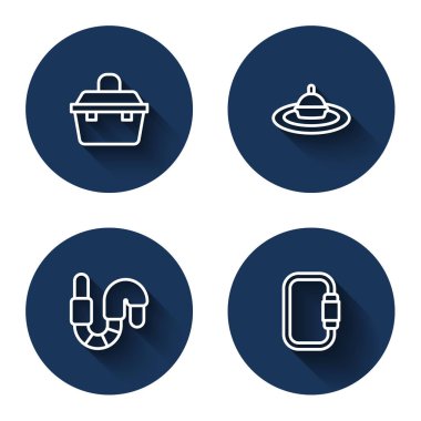 Balık tutma ekipmanları için olta kutusu, yüzer su, solucan ve uzun gölgeli karabina. Mavi daire düğmesi. Vektör