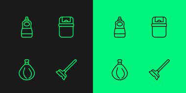 Hat paspası, çöp torbası, bulaşık deterjanı şişesi ve çöp tenekesi ikonu. Vektör