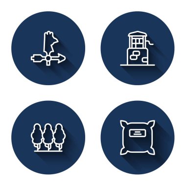 Horoz rüzgar gülü, meyve ağaçları ve uzun gölgeli tohumlarla dolu bir sürü. Mavi daire düğmesi. Vektör