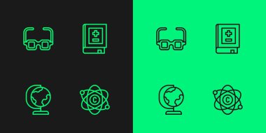 Matematik ikonlu Atom, Dünya küresi, Gözlük ve Kitap satırını ayarla. Vektör