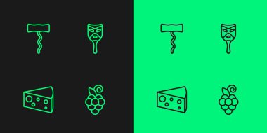 Çizgi, üzüm meyvesi, peynir, şarap tirbuşonu ve karnaval maskesi ikonu. Vektör