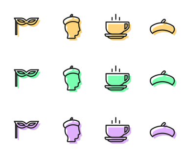 Sıralı kahve fincanı, karnaval maskesi, Fransız adam ve bere ikonu. Vektör