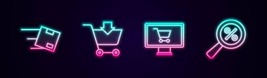 Çizgi konumunu karton kutuyla ayarla, alışveriş arabasına ekle, monitör ve büyüteç yüzdesini ekle. Parlayan neon ikonu. Vektör