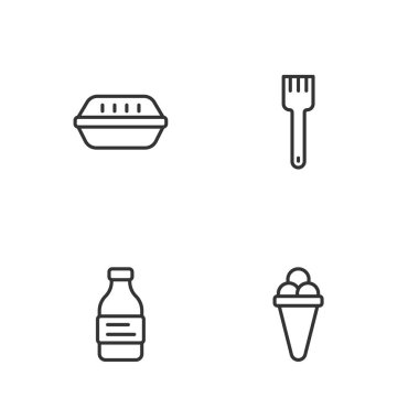 Dondurmayı waffle, bir şişe su, beslenme çantası ve çatal ikonu olarak ayarla. Vektör