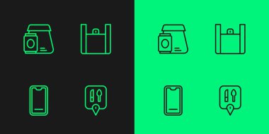 Cafe ve restoran yeri, yemek siparişi cep telefonu, online yemek ve ikon. Vektör