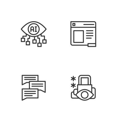 Siber güvenliği, konuşma balonu sohbetini, Bilgisayar görüşünü ve Tarayıcı pencere simgesini ayarla. Vektör