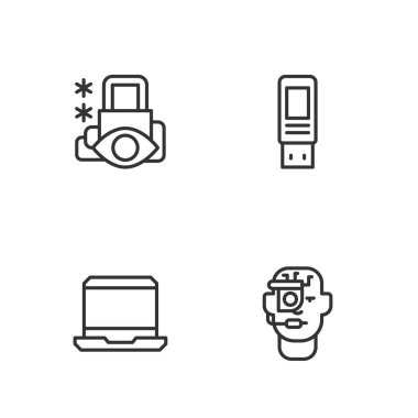 Akıllı gözlükleri, dizüstü bilgisayarı, siber güvenliği ve USB flash disk simgesini ayarla. Vektör