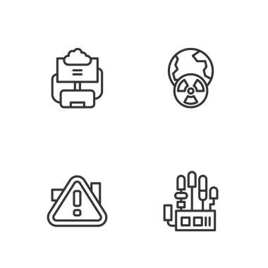 Çizgiyi mekanik robot ele, üçgende ünlem işaretine, Bulut veritabanına ve Dünya radyasyon ikonuna ayarla. Vektör