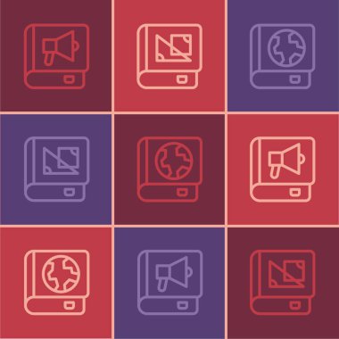 Çizgi kitabı, dünya küresi, kitap ve geometri ikonu. Vektör