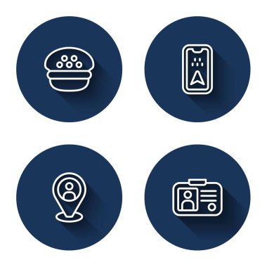 Taksi şoförü şapkası, şehir haritasının bilgileri, müşterisi ve uzun gölgeli ehliyeti. Mavi daire düğmesi. Vektör