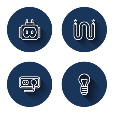 Tee prize elektrik, elektrik kablosu, elektrik prizi ve uzun gölgeli yaratıcı lamba fikrini ayarla. Mavi daire düğmesi. Vektör