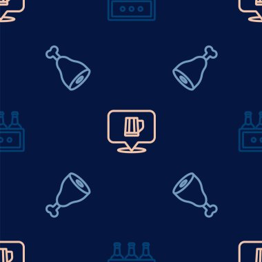 Çizgi halinde bira şişeleri, tavuk budu ve tahta bardaklar. Vektör