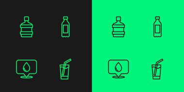 Bardağı suyla doldurun, su damlası konumu, büyük şişe temiz ve bir şişe ikon. Vektör