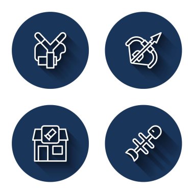 Çizgi sapanı, ortaçağ yayı ve oku, av atölyesi ve uzun gölgeli ölü balık. Mavi daire düğmesi. Vektör