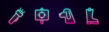 El feneri, hedef sporu, av köpeği ve su geçirmez lastik bot. Parlayan neon ikonu. Vektör