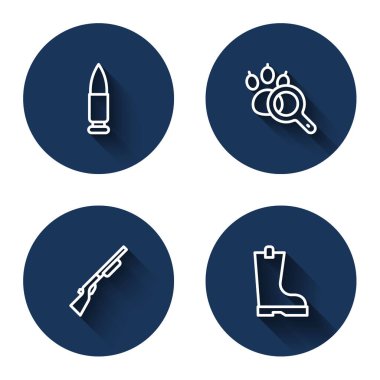 Hat kurşunu, pati araması, av silahı ve uzun gölgeli su geçirmez lastik bot. Mavi daire düğmesi. Vektör