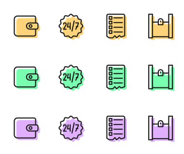Alış veriş listesi, cüzdan, saat 24 saat ve kağıt alışveriş torbası ikonu. Vektör