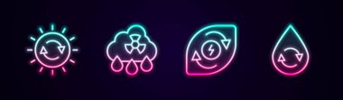 Güneş enerjisi paneli, asit yağmuru radyoaktif bulut, su ve temiz su geri dönüşümü ayarlayın. Parlayan neon ikonu. Vektör