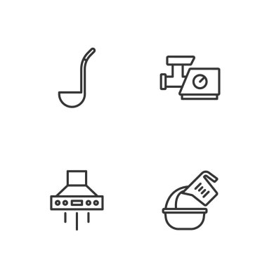 Ölçme kabı ve kaseyi ayarla, mutfak vantilatörü, kepçe ve et öğütücü ikonu. Vektör