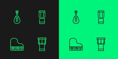 Afrika perküsyon davulu, Grand piano, Guitar ve djembe ikonu ayarla. Vektör