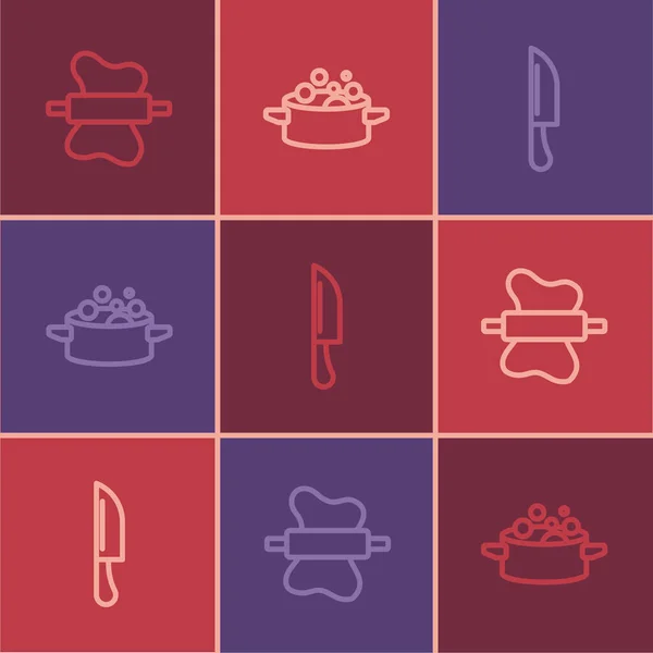 Set Line Rolling Pin Tough Knife Cooking Pot Icon Vector — Archivo Imágenes Vectoriales