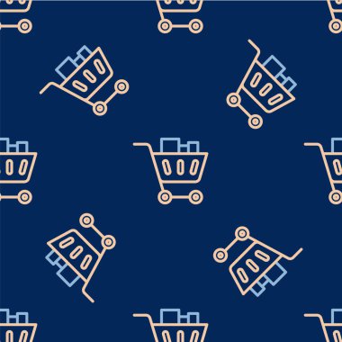 Hat alışveriş arabası ve yemek ikonu mavi arka planda izole edilmiş pürüzsüz desen. Yiyecek dükkanı, süpermarket. Vektör