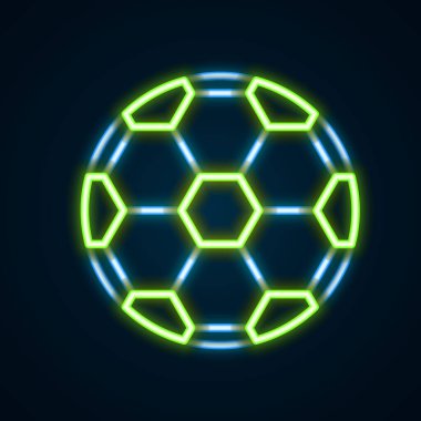 Parlayan neon hattı futbol topu ikonu siyah arka planda izole edildi. Spor malzemeleri. Renkli taslak konsepti. Vektör