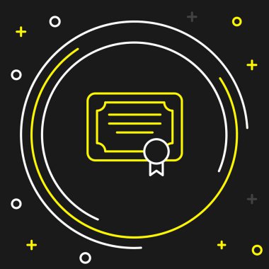 Çizgi Sertifikası şablon simgesi siyah arkaplanda izole edildi. Başarı, ödül, diploma, burs, diploma kavramları. Renkli taslak konsepti. Vektör