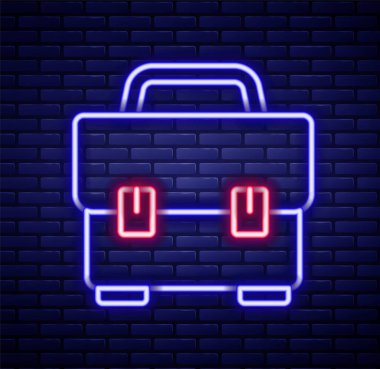 Parlayan neon hattı araç kutusu simgesi tuğla duvar arka planında izole edildi. Alet kutusu tabelası. Renkli taslak konsepti. Vektör