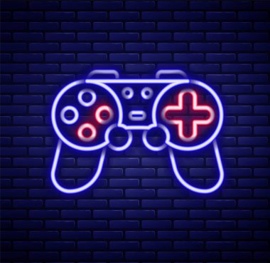 Parlayan neon hattı Gamepad simgesi tuğla duvar arka planında izole edildi. Oyun kontrolörü. Renkli taslak konsepti. Vektör