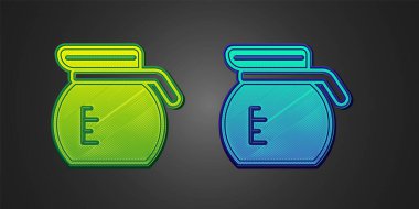 Siyah arkaplanda yeşil ve mavi kahve demliği ikonu var. Vektör