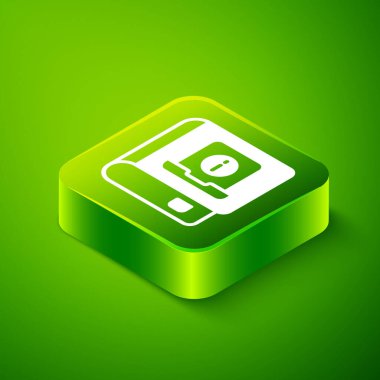 Isometric Kullanıcı elle simgesi yeşil arkaplanda izole edildi. Kullanıcı rehberi kitabı. Talimat işareti. Kullanmadan önce oku. Yeşil kare düğmesi. Vektör