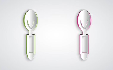 Kağıt kesiği Spoon simgesi gri arkaplanda izole edildi. Mutfak aletleri. Çatal bıçak seti. Kağıt sanatı tarzı. Vektör